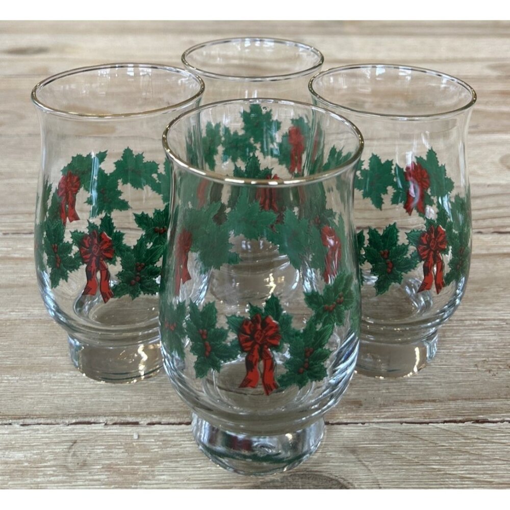 4 Vintage Libbey Holly Berries Bow Ribbon Christmas Glasses Tulip Shape 5 1/8" H